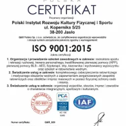 Jesteśmy certyfikowaną Instytucją. Posiadamy Certyfikat Systemu Zarządzania Jakością ISO 9001:2015
