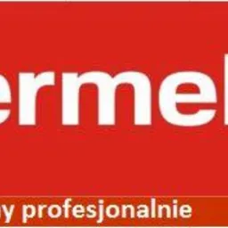 Czerwone tło z białym napisem 'vermello' i hasłem 'Biura sprzątamy profesjonalnie' w dolnej części. Minimalistyczny design logo firmy sprzątającej.