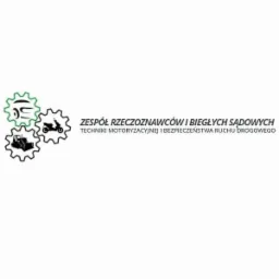 Logo Zespołu Rzeczoznawców i Biegłych Sądowych Techniki Motoryzacyjnej i Bezpieczeństwa Ruchu Drogowego, z trzema zębatkami zawierającymi ikony pojazdów: samochodu osobowego, motocykla i traktora.