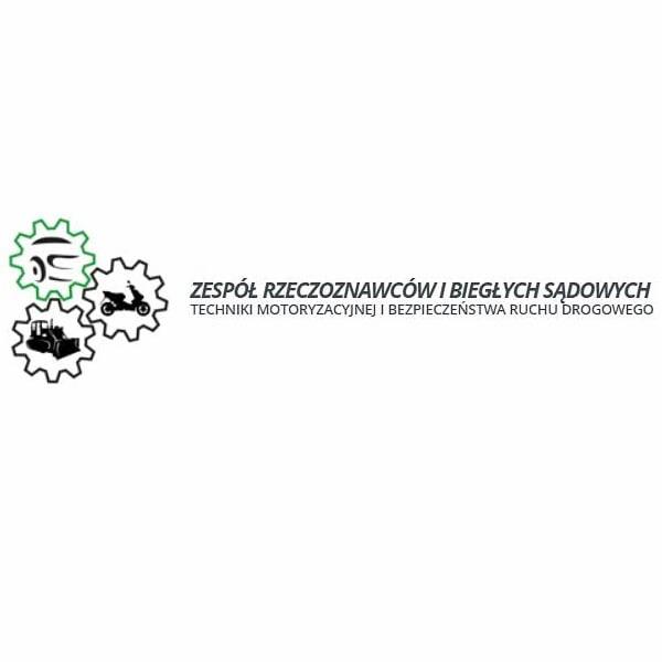 Logo Zespołu Rzeczoznawców i Biegłych Sądowych Techniki Motoryzacyjnej i Bezpieczeństwa Ruchu Drogowego, z trzema zębatkami zawierającymi ikony pojazdów: samochodu osobowego, motocykla i traktora.