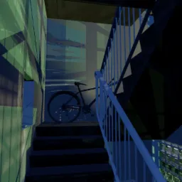 Ilustracja schodów z rowerem, w tonacji niebiesko-zielonej, z widocznymi elementami architektonicznymi i graficznymi.