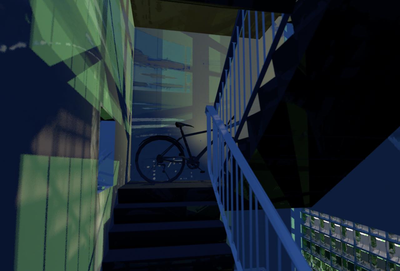 Ilustracja schodów z rowerem, w tonacji niebiesko-zielonej, z widocznymi elementami architektonicznymi i graficznymi.