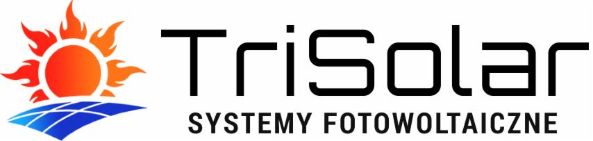 Logo firmy TriSolar: stylizowany wizerunek słońca z panelami fotowoltaicznymi i napisem 'SYSTEMY FOTOWOLTAICZNE'.