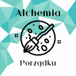 Grafika z napisem 'Alchemia Porządku', przedstawiająca szczotkę w okręgu na tle turkusowych trójkątów, sugerująca usługi sprzątania.