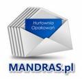 Stos białych kopert z niebieską wkładką z napisem 'Hurtownia Opakowań' oraz logo firmy MANDRAS.pl poniżej.