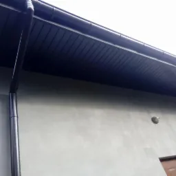 Ciemna podbitka dachowa z rynną spustową zamontowana na jasnej elewacji budynku jednorodzinnego.