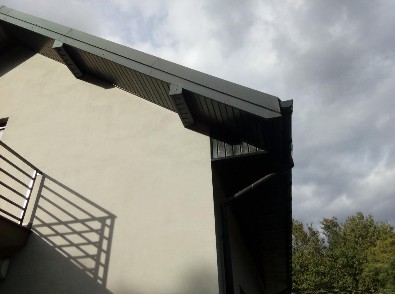 Fragment elewacji budynku z widocznym fragmentem dachu z ciemną podbitką, rynną i obróbkami blacharskimi, na tle pochmurnego nieba i drzew.