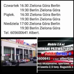 Rozkład jazdy busa na trasie Zielona Góra - Berlin, telefon kontaktowy i reklama przewozów osób Polska-Europa z informacją o lawecie 2,5 tony i bagażniku.