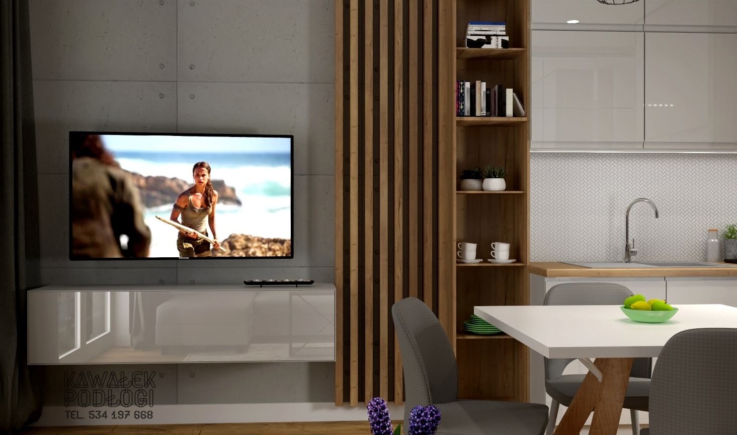 Wizualizacja salonu z aneksem kuchennym, betonowa ściana z telewizorem wyświetlającym scenę z filmu akcji, biała szafka RTV z logo firmy 'Kawałek Podłogi', drewniany regał z dekoracjami i książkami...