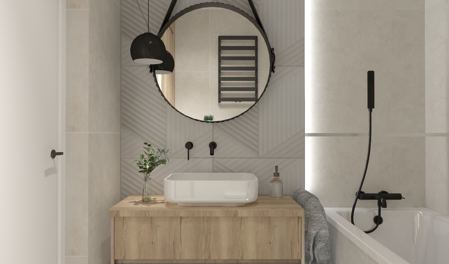 Nowoczesna łazienka w beżowych odcieniach, z drewnianą szafką pod umywalką, okrągłym lustrem na skórzanym pasku i czarną armaturą.