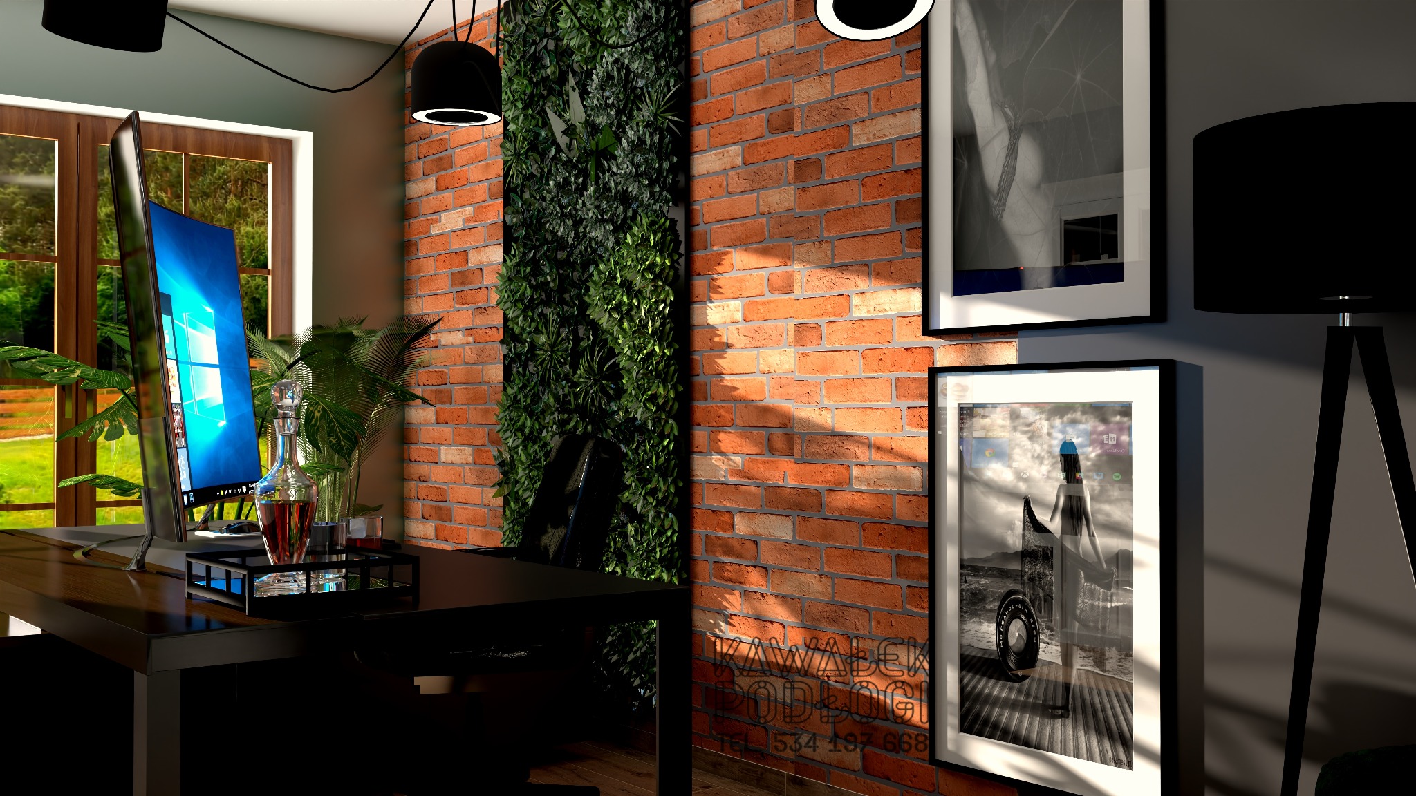 Wizualizacja biura domowego z biurkiem, komputerem, ścianą z cegły i zieleni oraz dekoracjami ściennymi.