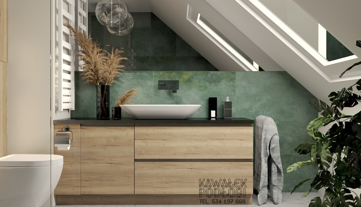 Wizualizacja łazienki na poddaszu z umywalką nablatową, drewnianą szafką pod umywalką, zieloną ścianą, dekoracyjnymi trawami w wazonie i rośliną doniczkową w rogu. Widoczny fragment toalety...