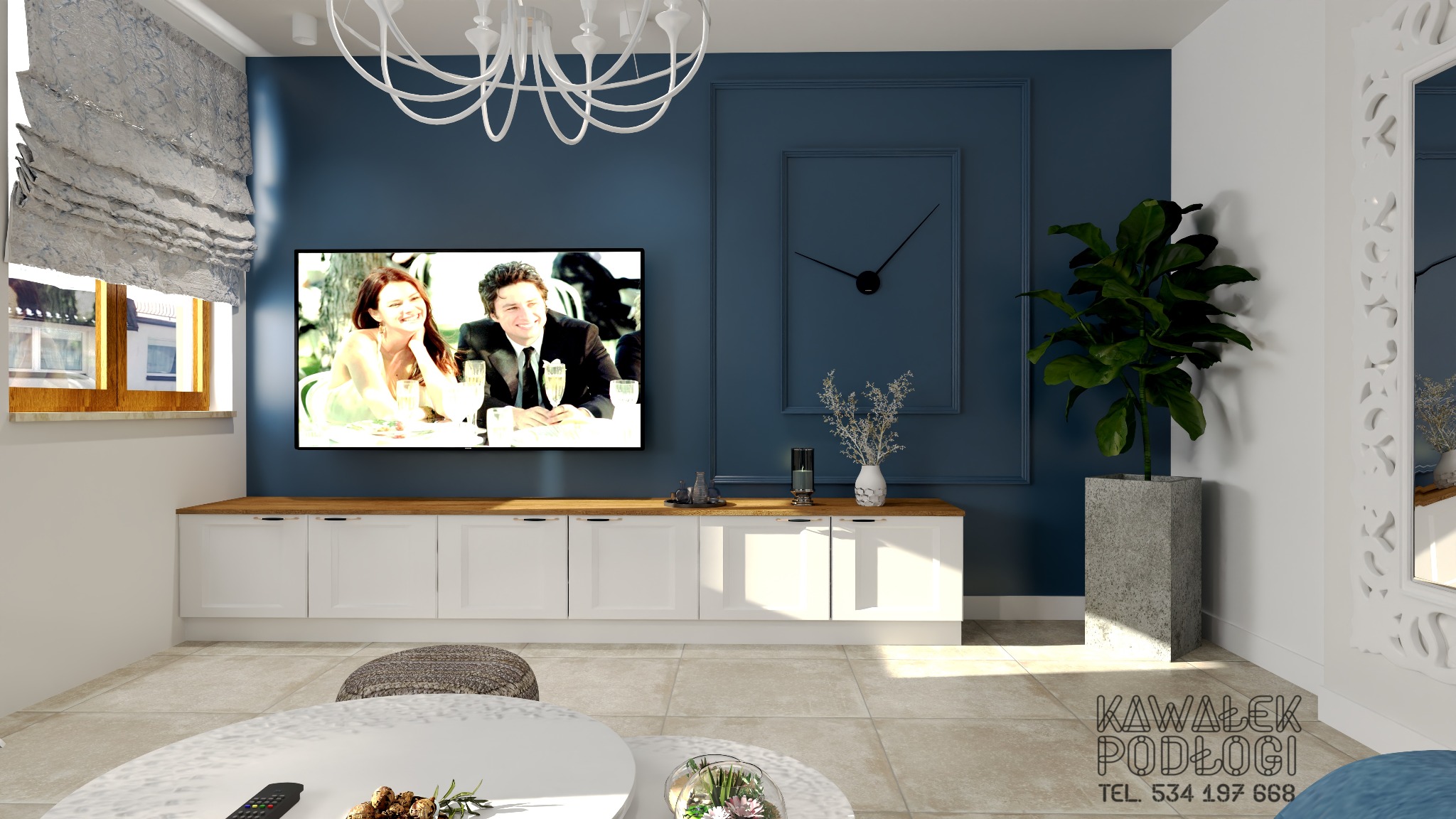 Wizualizacja salonu z granatową ścianą, białymi szafkami pod telewizorem, drewnianym blatem, zegarem w ramie, rośliną w betonowej donicy i białym lustrem z ornamentami.