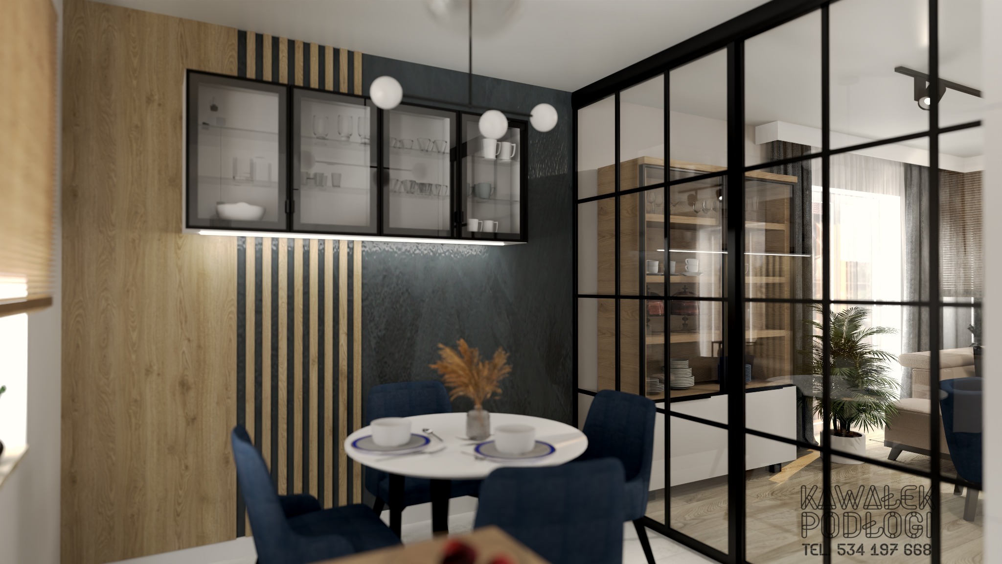 Nowoczesna aranżacja jadalni z okrągłym stołem, granatowymi krzesłami i przeszkloną ścianą działową, widok na salon z rośliną doniczkową i jasną sofą.