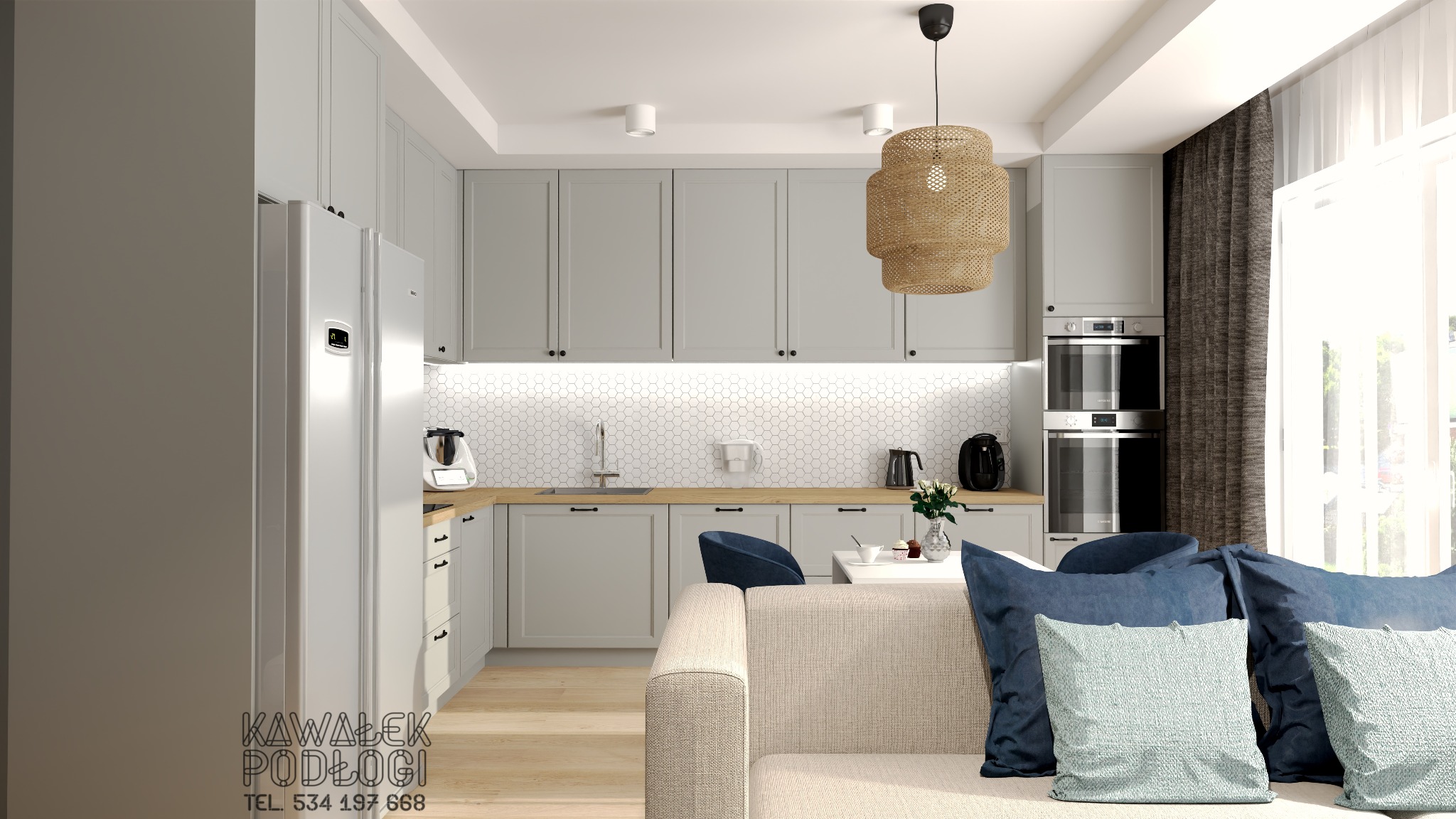 Jasnoszara kuchnia z drewnianym blatem i białymi heksagonalnymi płytkami, widok z salonu z beżową sofą i niebieskimi poduszkami, nowoczesna lampa wisząca z rafii.