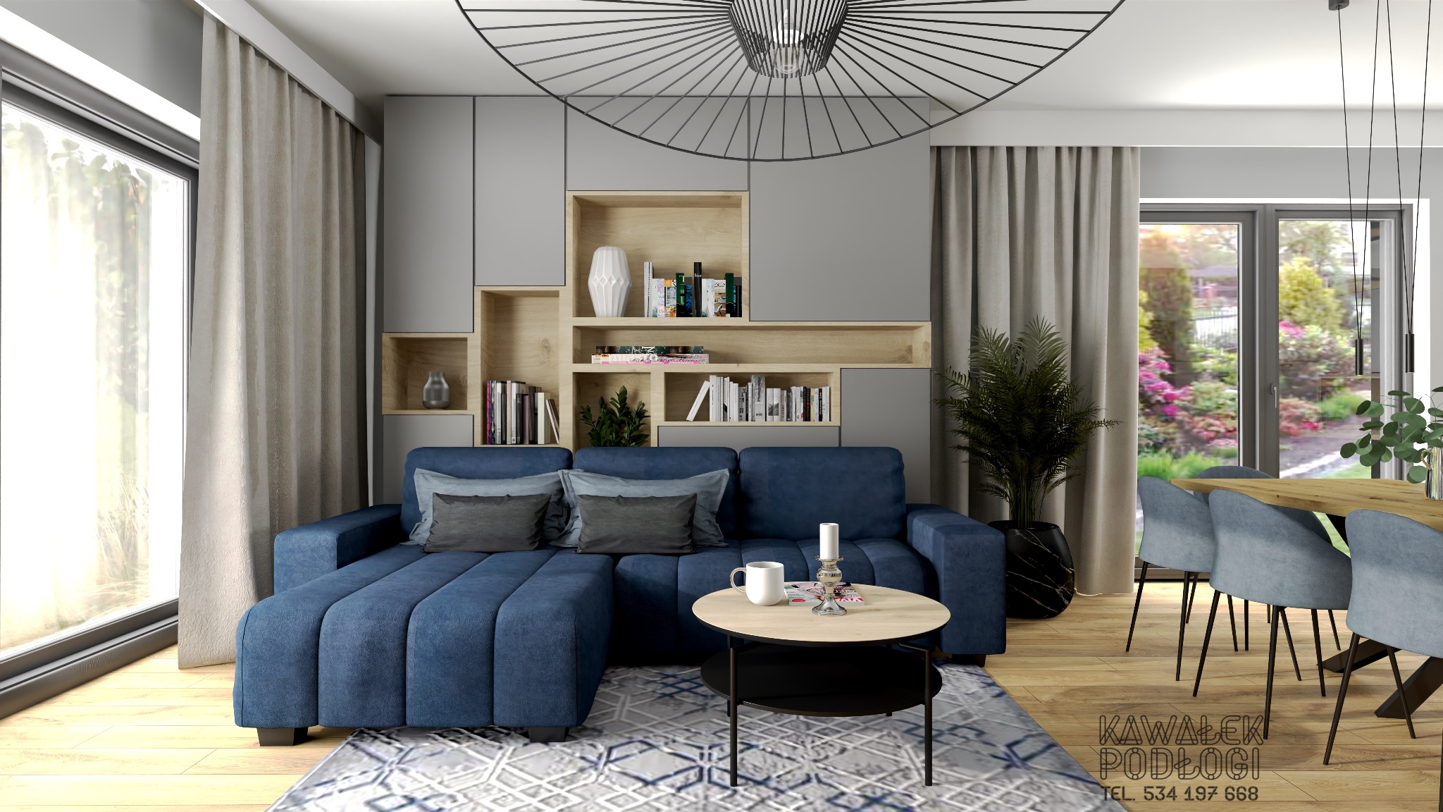 Wizualizacja salonu z niebieską sofą narożną, okrągłym stolikiem kawowym, regałem z półkami i dekoracjami, widokiem na ogród przez okno oraz nowoczesną lampą sufitową.