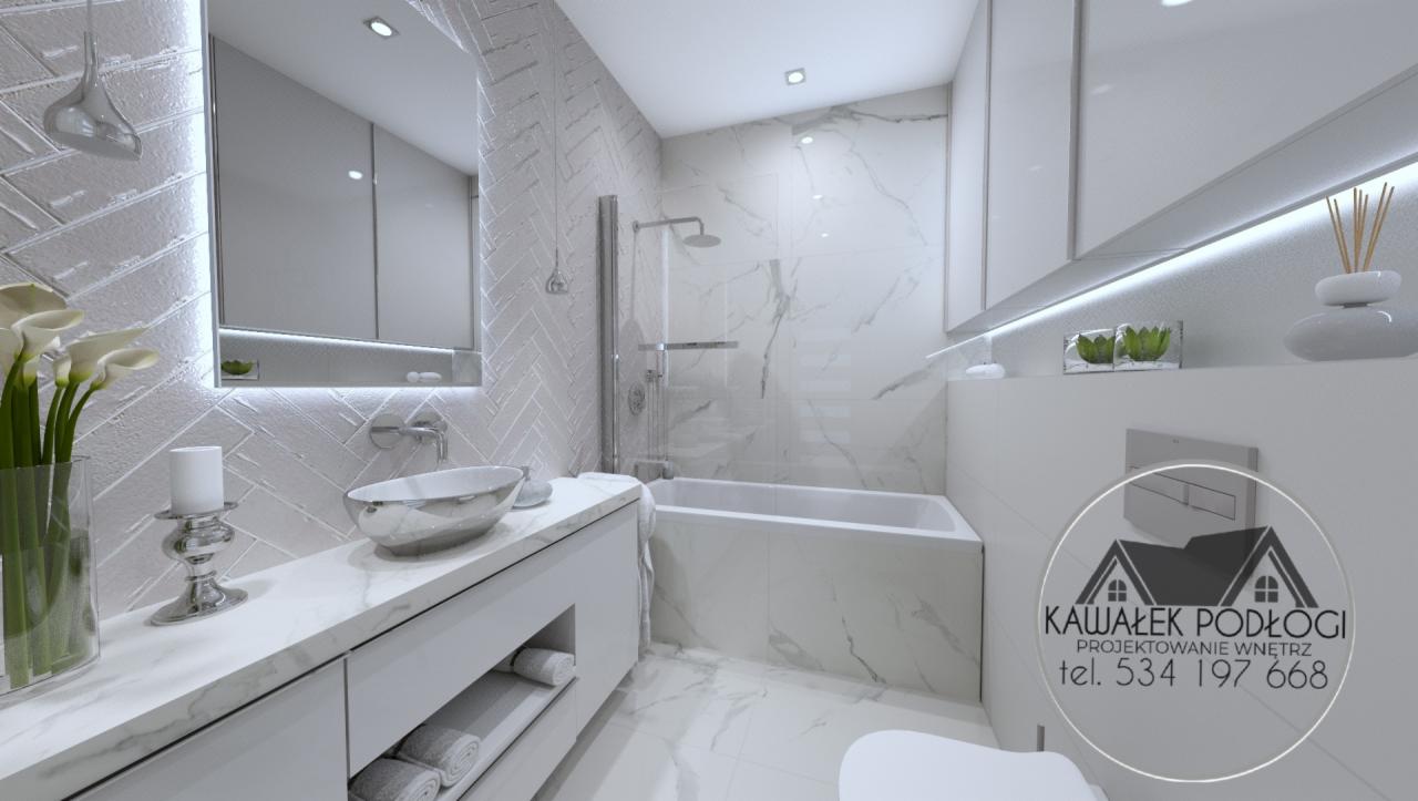 Wizualizacja nowoczesnej łazienki z marmurowymi płytkami, owalną umywalką na blacie, podświetlanym lustrem i wanną za szklanym panelem. Na blacie wazon z białymi kwiatami i srebrny świecznik. W tle...