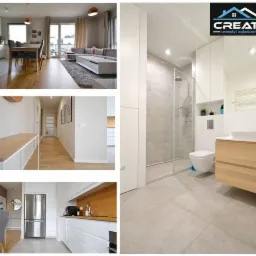 Kolaż przedstawiający różne pomieszczenia w mieszkaniu po remoncie: salon z jadalnią, łazienkę z kabiną prysznicową, korytarz z drewnianą podłogą oraz kuchnię ze srebrną lodówką. W prawym górnym...