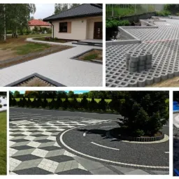 Kompozycja zdjęć przedstawiających różne aranżacje nawierzchni z kostki brukowej i płyt chodnikowych, w tym ścieżki ogrodowe, podjazdy i tarasy.