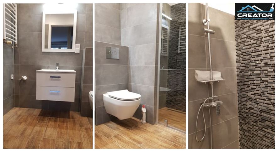Nowoczesna łazienka z szarymi płytkami, drewnopodobną podłogą, wiszącą toaletą i kabiną prysznicową z mozaiką, prezentowana w trzech kadrach.