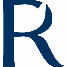 Duża, granatowa litera R na białym tle, stylizowana czcionka z ostrymi zakończeniami.