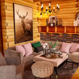 Salon w stylu góralskim z drewnianymi ścianami, szarą sofą z różowymi poduszkami, kamienną ścianą dekoracyjną, obrazem jelenia i czarnym żyrandolem.