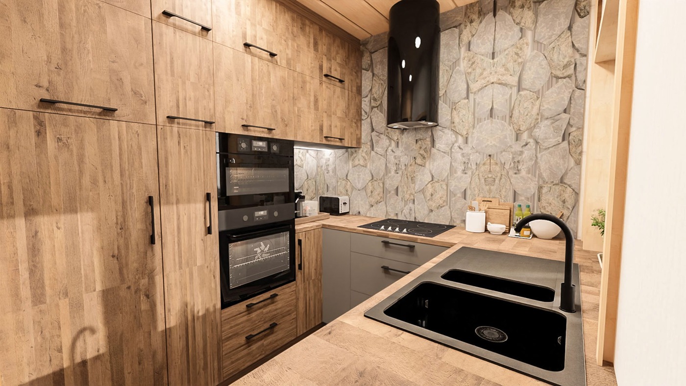 Nowoczesna kuchnia z drewnianymi szafkami o wyraźnej fakturze, czarnym okapem cylindrycznym i kamienną ścianą w tle, ze zintegrowanym zlewem i płytą indukcyjną.