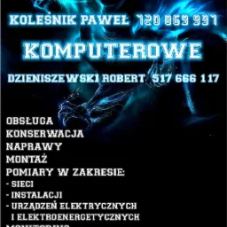 Neonowy plakat reklamujący usługi elektryczne i komputerowe, z numerami telefonów i listą świadczonych usług, takich jak obsługa, konserwacja, naprawy, montaż, pomiary sieci i instalacji...