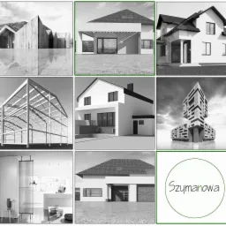 Czarno-biała kompozycja dziewięciu miniatur przedstawiających różnorodne projekty architektoniczne: nowoczesne domy, szkielet konstrukcji budynku, minimalistyczne wnętrze i logo firmy Szymanowa.