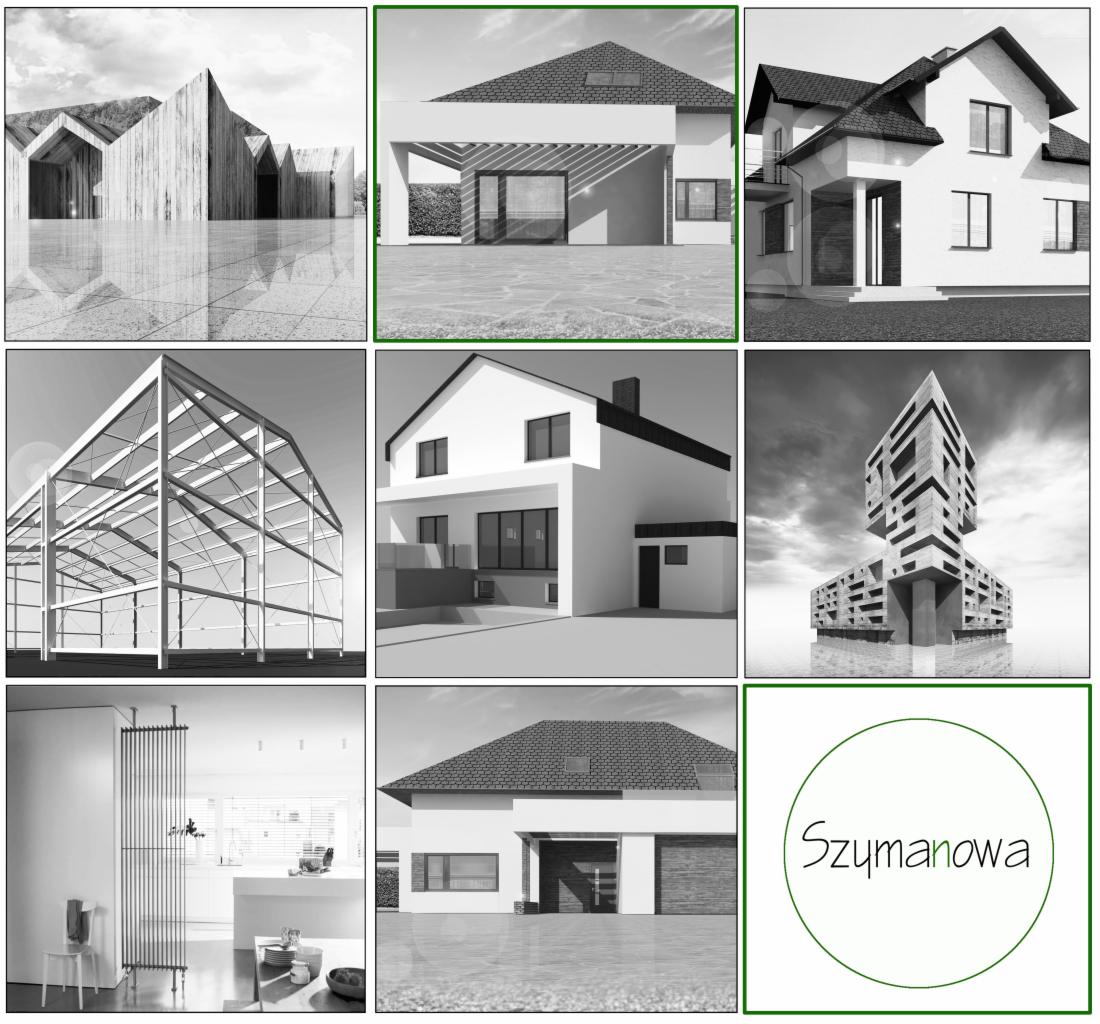 Czarno-biała kompozycja dziewięciu miniatur przedstawiających różnorodne projekty architektoniczne: nowoczesne domy, szkielet konstrukcji budynku, minimalistyczne wnętrze i logo firmy Szymanowa.