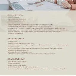 Dokument z listą usług prawnych z zakresu prawa cywilnego, rodzinnego i spadkowego, laptop oraz filiżanka kawy w tle.