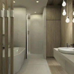 Nowoczesna łazienka z wolnostojącą wanną za drewnianą ażurową ścianką, umywalkami nablatowymi i wiszącymi lampami z żarówkami Edisona.