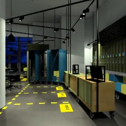 Wizualizacja wnętrza lokalu Pinta Wrocław z mobilnymi kontenerami barowymi i chłodniami, żółte oznaczenia kas na podłodze.