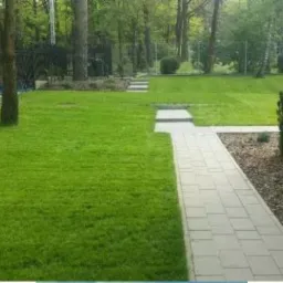 Widok na zadbany trawnik z kostką brukową prowadzącą przez ogród, obok budynku z nasadzeniami i korą, w tle drzewa i czarne ogrodzenie.