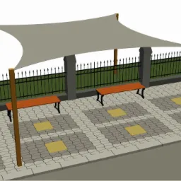 Wizualizacja projektu zadaszenia nad dwoma ławkami w przestrzeni miejskiej, widoczne słupy podtrzymujące płachtę cieniującą, ogrodzenie z metalową balustradą w tle i kostka brukowa na chodniku.