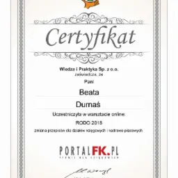 Certyfikat ukończenia warsztatu online RODO 2018 dla działów księgowych i kadrowo-płacowych, wystawiony przez Wiedza i Praktyka Sp. z o.o. dla Beaty Durnaś.