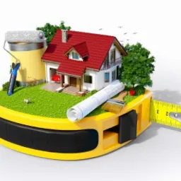 Koncepcyjna wizualizacja domu z czerwonym dachem, pędzlem, rolką malarską i zwiniętym planem architektonicznym, umieszczona na zwiniętej taśmie mierniczej.