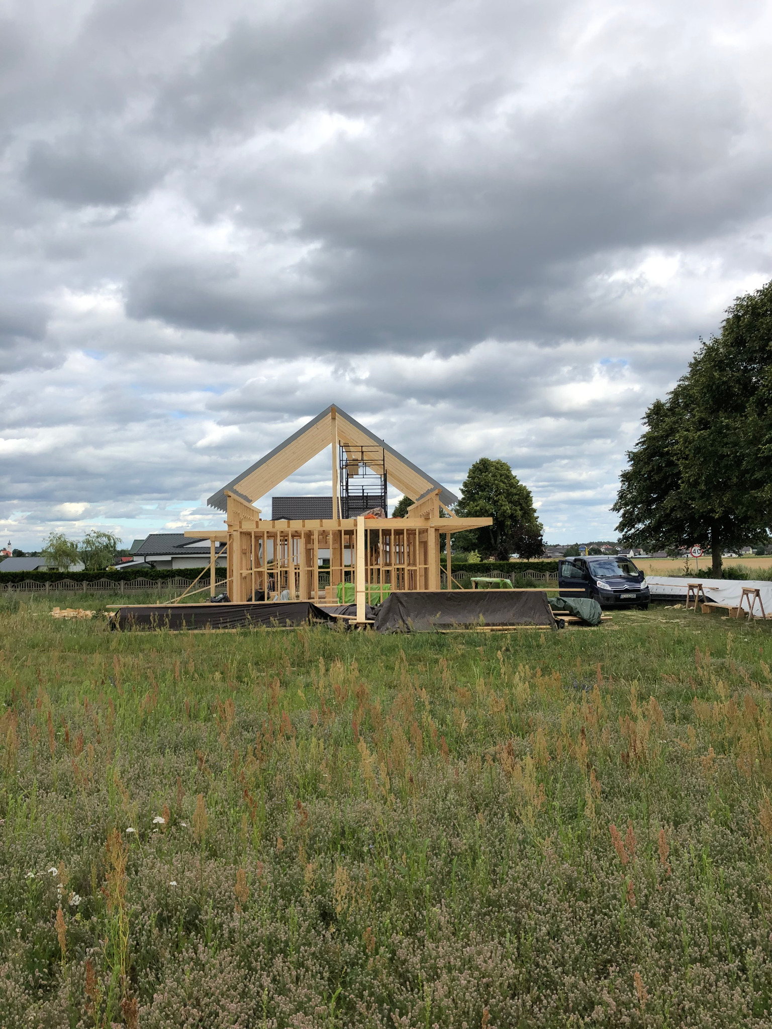 Konstrukcja drewniana domu w stanie surowym otwartym, widoczna więźba dachowa, na pierwszym planie wysoka trawa, w tle zabudowa jednorodzinna i pochmurne niebo.