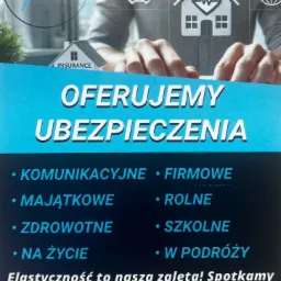 Plakat reklamowy firmy ubezpieczeniowej Kalibri Sp. z o.o. z grafiką symbolizującą różne rodzaje ubezpieczeń: dom, samochód, osoba, serce, globus, klucz. W tle niewyraźna sylwetka mężczyzny...
