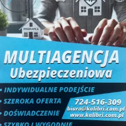 Reklama multiagencji ubezpieczeniowej Kalibri z miniaturami domów, samochodu, osoby i serca, oraz danymi kontaktowymi i hasłami: indywidualne podejście, szeroka oferta, doświadczenie, szybko...