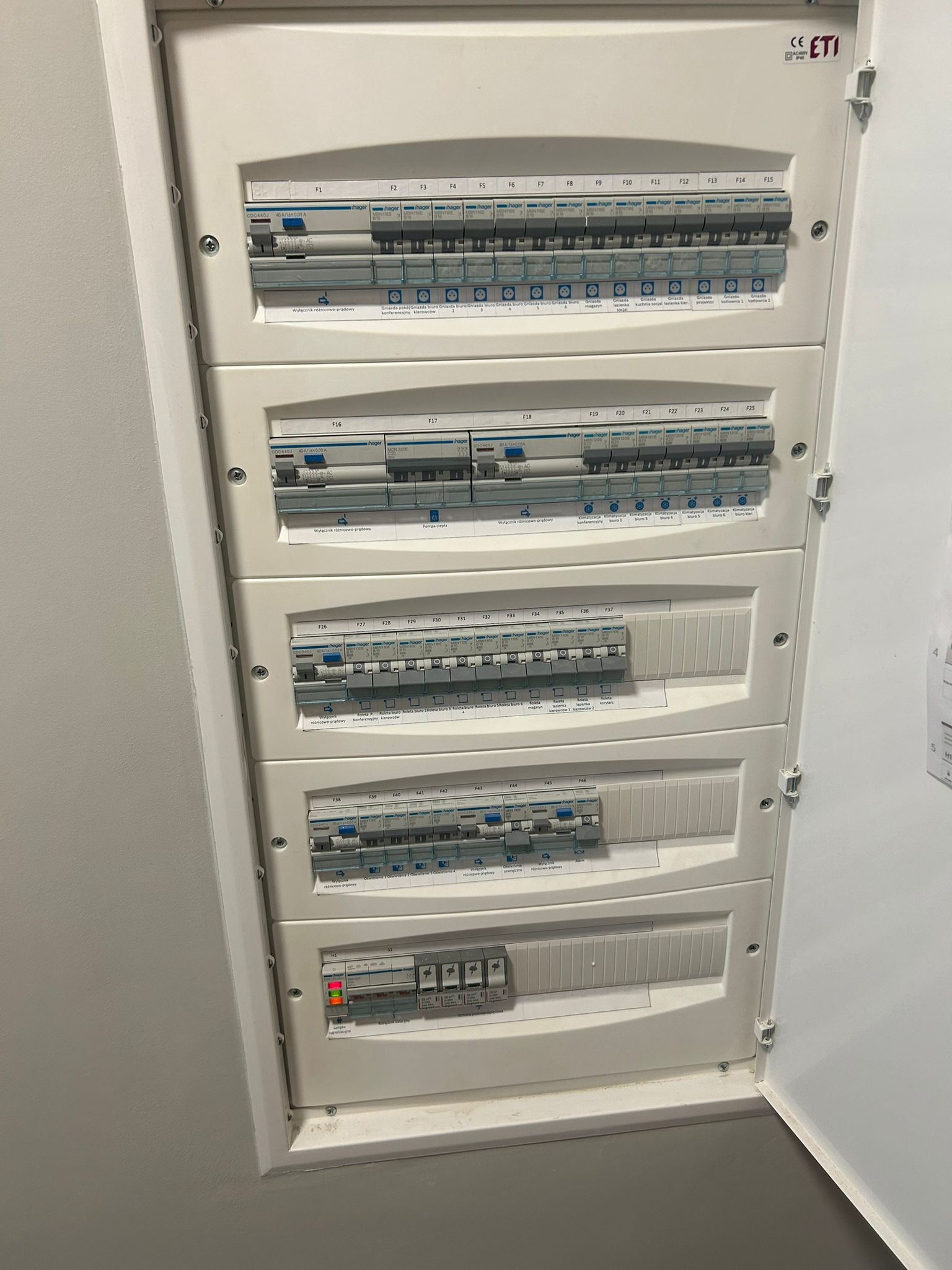Otwarta skrzynka rozdzielcza z bezpiecznikami i wyłącznikami różnicowoprądowymi marki Hager, widoczne oznaczenia obwodów i gniazd, lampka sygnalizacyjna świecąca na czerwono.