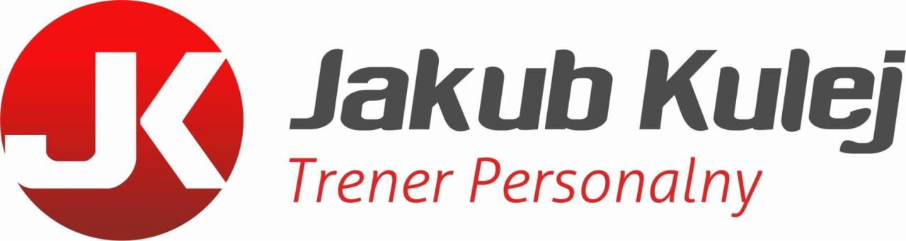 Logo firmy Jakub Kulej, z inicjałami JK w czerwonym okręgu i szarym napisem 'Jakub Kulej' nad czerwonym napisem 'Trener Personalny'.