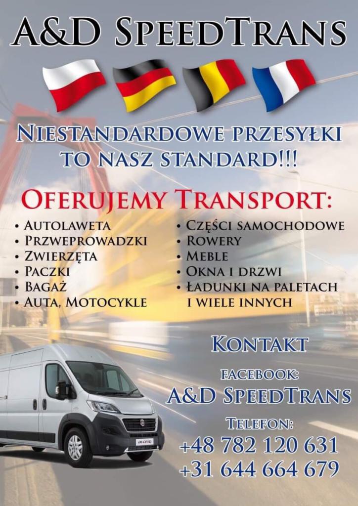 Reklama firmy transportowej A&D Speedtrans z flagami Polski, Niemiec, Belgii i Francji, oferującej transport autolawetą, przeprowadzki, transport zwierząt, paczek, bagażu, aut, motocykli, części...