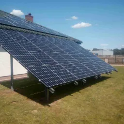 Instalacja paneli słonecznych na konstrukcji wsporczej obok domu z zielonym dachem, widok z poziomu trawnika, błękitne niebo w tle.