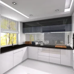 Wizualizacja nowoczesnej kuchni z białymi szafkami, czarnym blatem, szarymi szafkami górnymi i telewizorem na drewnianej ścianie po lewej stronie.