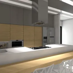 Wizualizacja nowoczesnej kuchni z drewnianymi szafkami, białym blatem i wyspą z miejscami do siedzenia na przezroczystych krzesłach. Widoczny chromowany kran z elastyczną wylewką i srebrny okap...