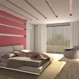 Wizualizacja sypialni z łóżkiem kontynentalnym, ścianą w odcieniach różu z dekoracyjnymi pasami i widokiem na zieleń przez okno.