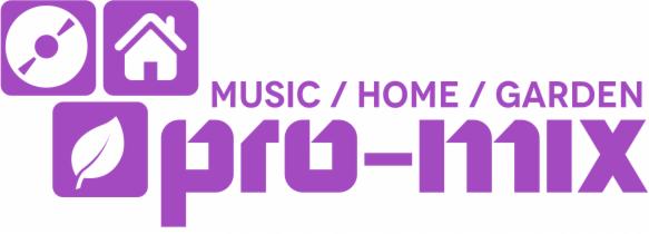 Purpurowe logo Pro-Mix z ikonami płyty, domu i liścia, podkreślające muzykę, dom i ogród. Minimalistyczny design z wyraźnym napisem.