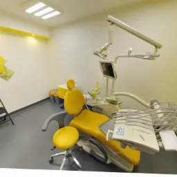 Żółto-biały gabinet z fotelem dentystycznym, lampą operacyjną i narzędziami, uzupełniony o geometryczne lustra na ścianie.