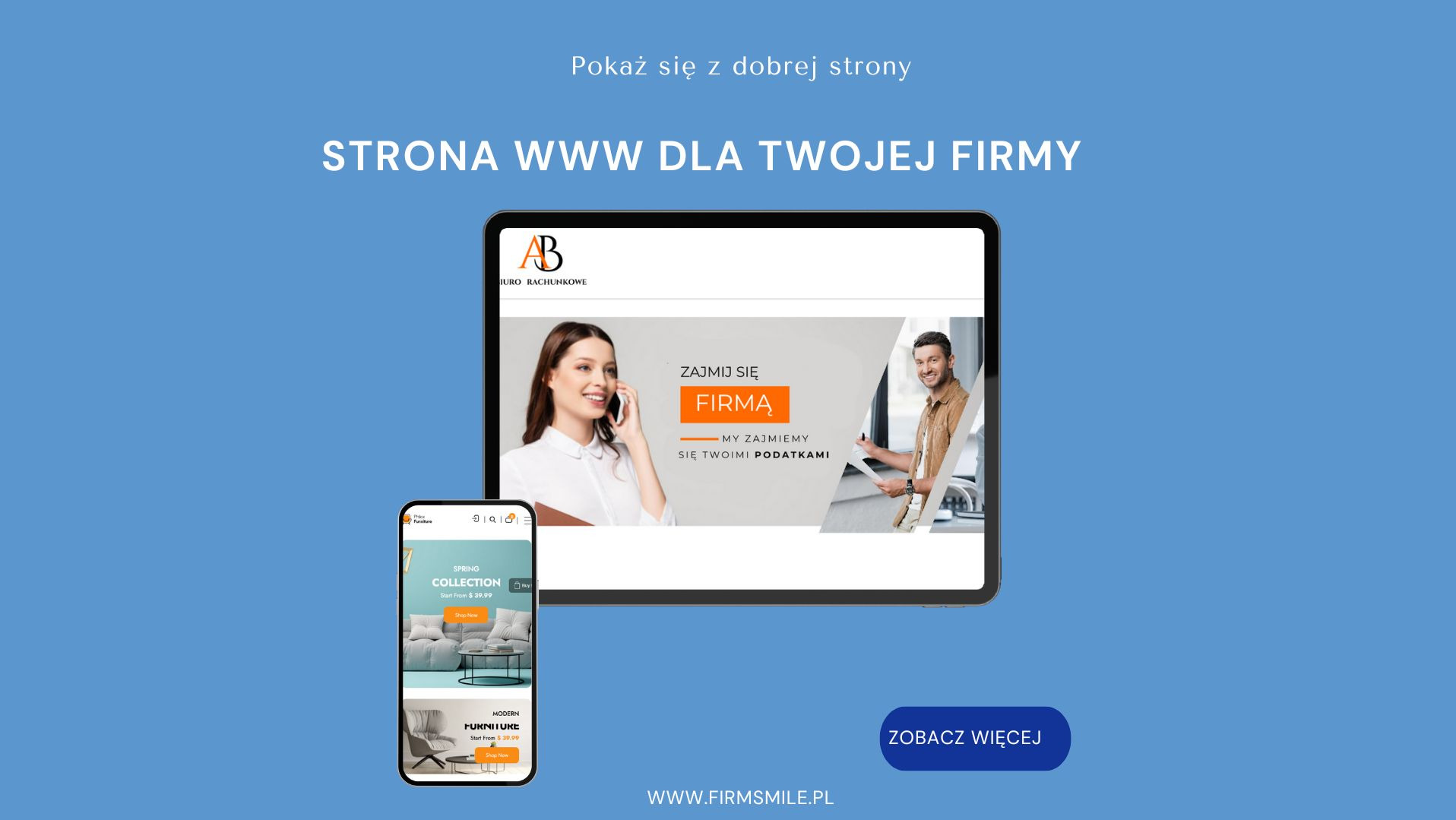 Ekran laptopa i smartfona prezentujące przykładowe strony internetowe, w tym stronę biura rachunkowego oraz sklep z meblami, na jednolitym niebieskim tle.